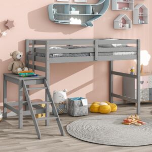 citylight twin loft bed with platform and ladder, wood low loft bed for kids, junior loft bed twin with spacious underneath space for children girls boys bedroom,no box spring needed, grey