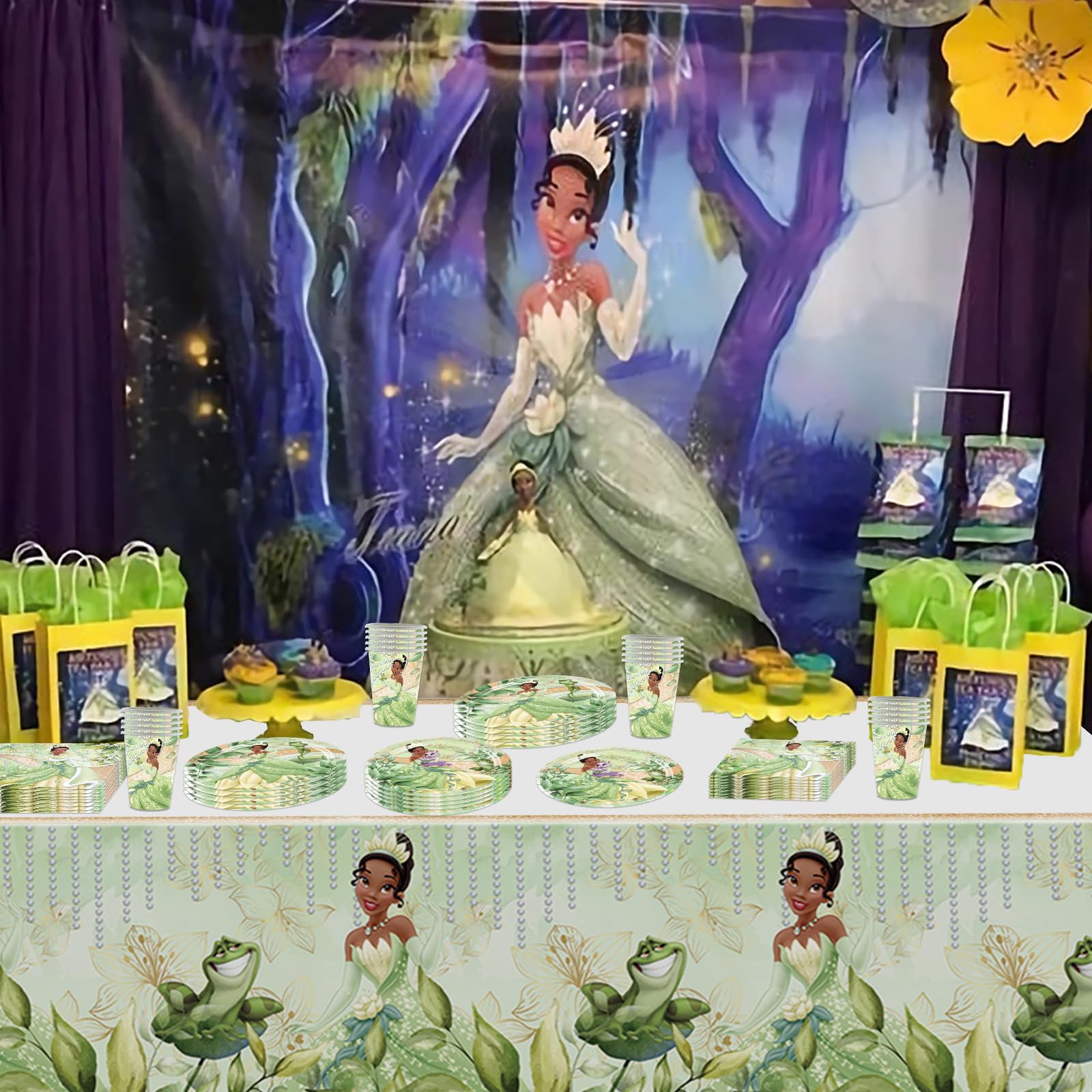 81 PCS Tiana Birthday Party Supplies, Princess Tiana Tableware Set Includes 40 PCS Plates, 20 PCS Napkins, 20 PCS Paper Cups, 1 PCS Tablecover for Boys Girls Birthday Party Baby Shower Decorations