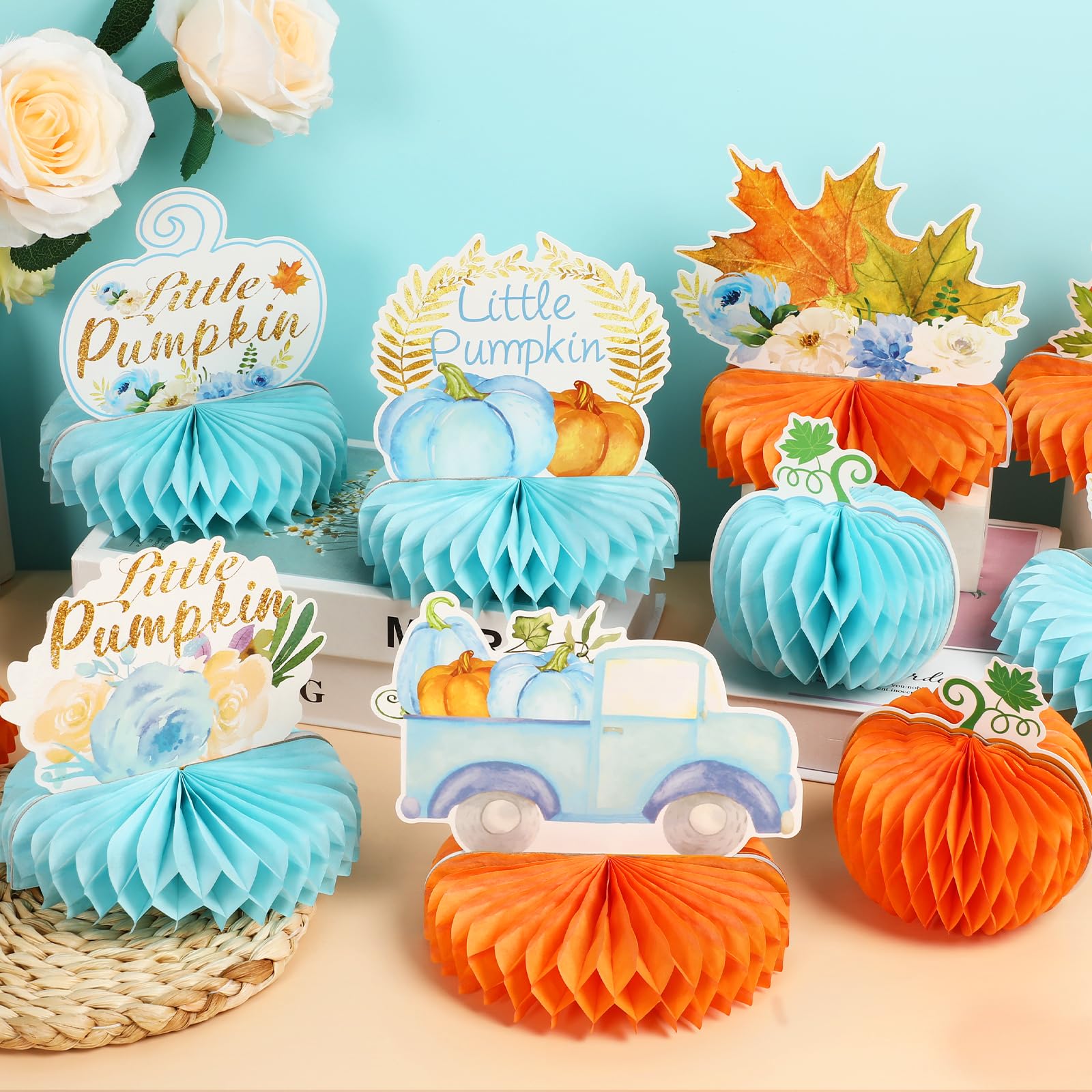 12PCS Little Pumpkin Baby Shower Decorations Fall Pumpkin Honeycomb Centerpieces A Little Pumpkin is On The Way Boy Blue Table Toppers for Gender Reveal Autumn Harvest Thanksgiving Decor Supplies