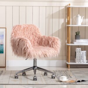 GOOLON Fluffy Desk Chair, Faux Fur Furry Home Office Chair, Fuzzy Swivel Armchair with Wheels, Height Adjustable Silver Base for Girls, Bedroom, Pink