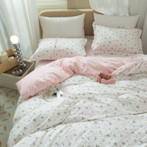 mixinni White Pink Floral Duvet Cover Queen Size Girls Garden Style 100% Cotton Leaves Pink Flower Bedding Duvet Cover Set with Zipper Ties for Teenage Girls-Queen Size