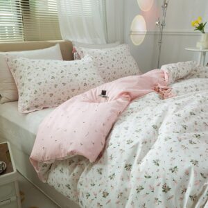 mixinni white pink floral duvet cover queen size girls garden style 100% cotton leaves pink flower bedding duvet cover set with zipper ties for teenage girls-queen size