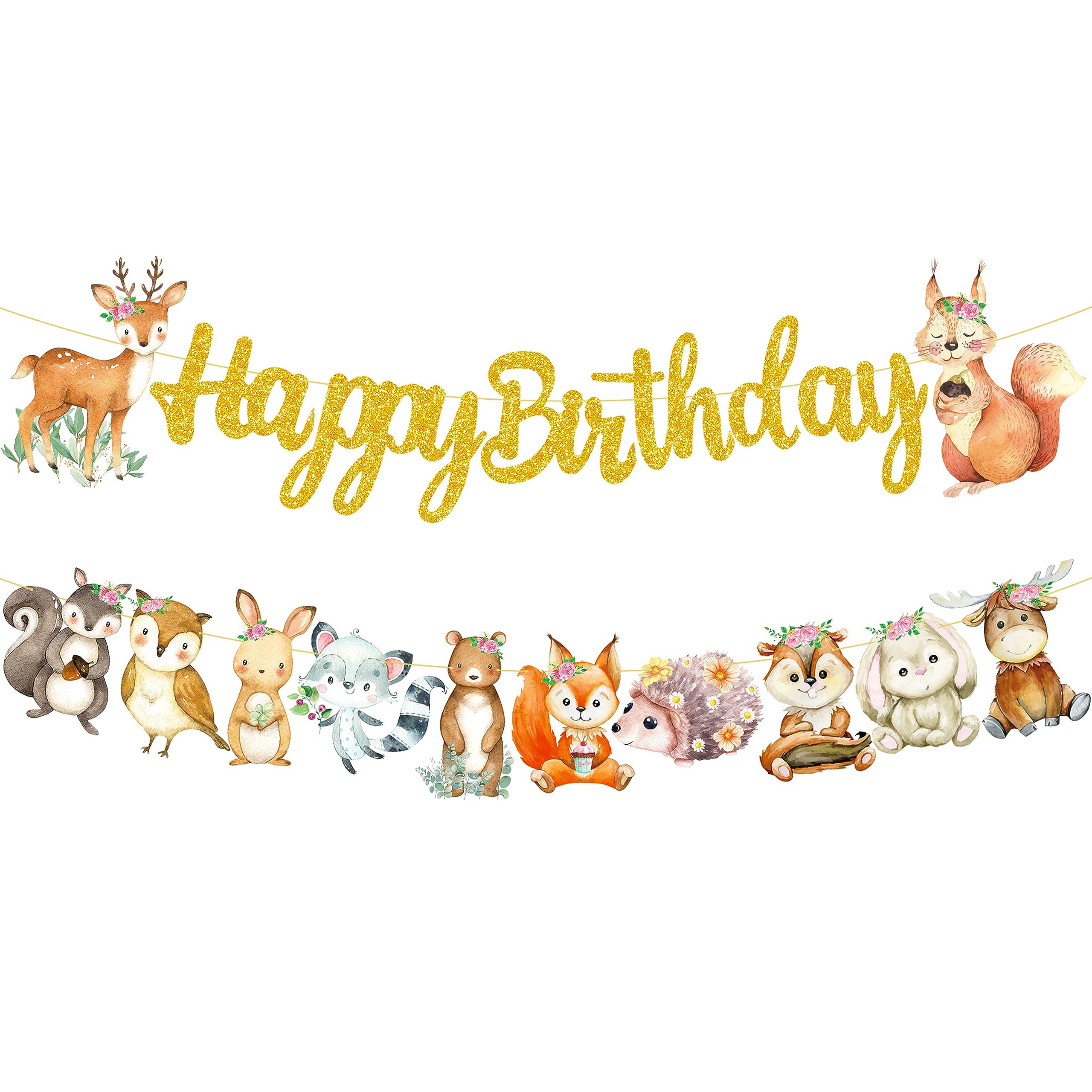 Woodland Animal Happy Birthday Banner Woodland Creatures Banner Decorations 2Pcs Forest Animals Cutout Banners for Woodland Theme Baby Shower Supplies