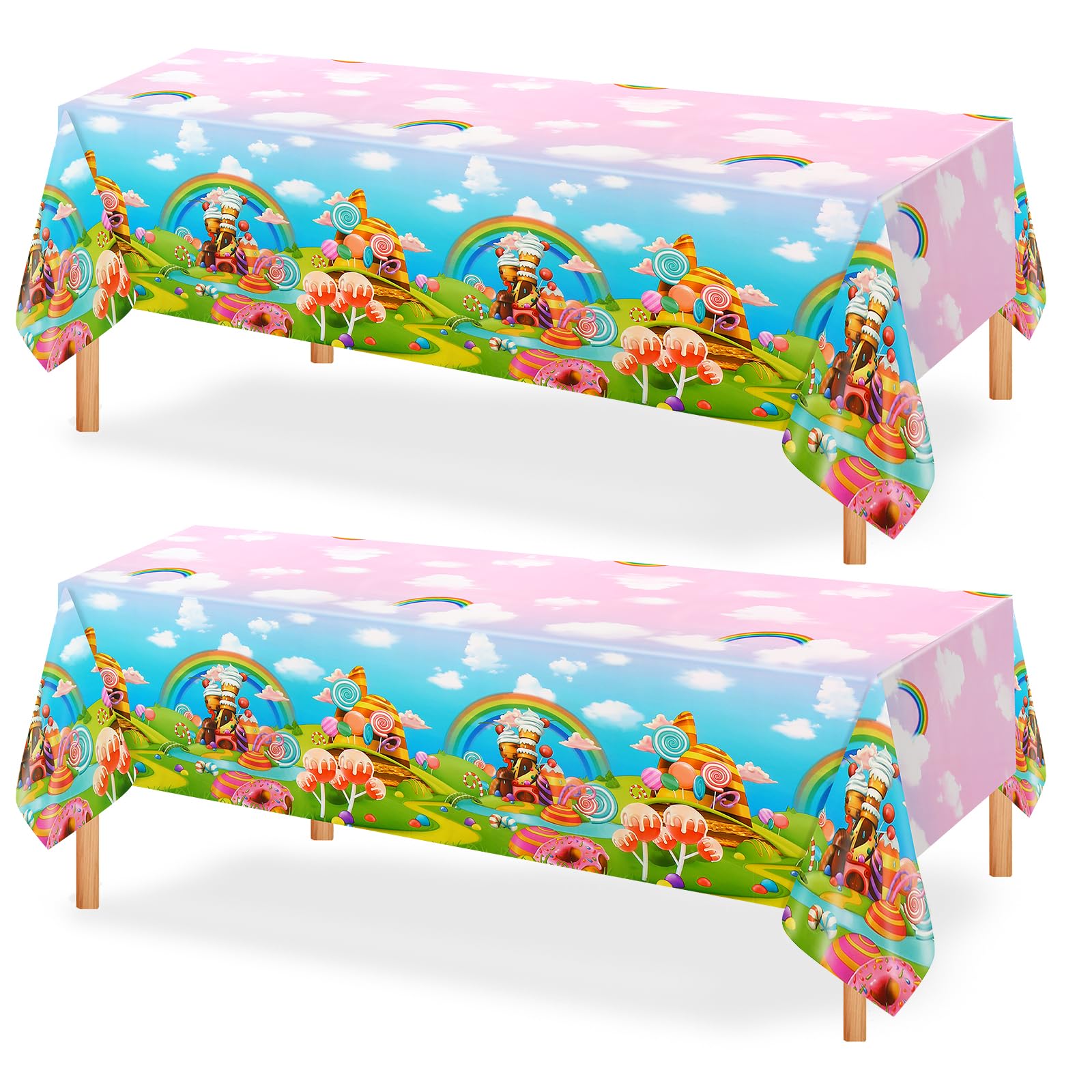 PHOGARY 2PCS Candyland Tablecloth for Candyland Party Decorations, Plastic Disposable Rectangular Candy Table Cloth for Kids Baby Shower Birthday Candyland Decorations 51" X 86"