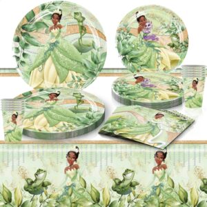 81 pcs tiana birthday party supplies, princess tiana tableware set includes 40 pcs plates, 20 pcs napkins, 20 pcs paper cups, 1 pcs tablecover for boys girls birthday party baby shower decorations