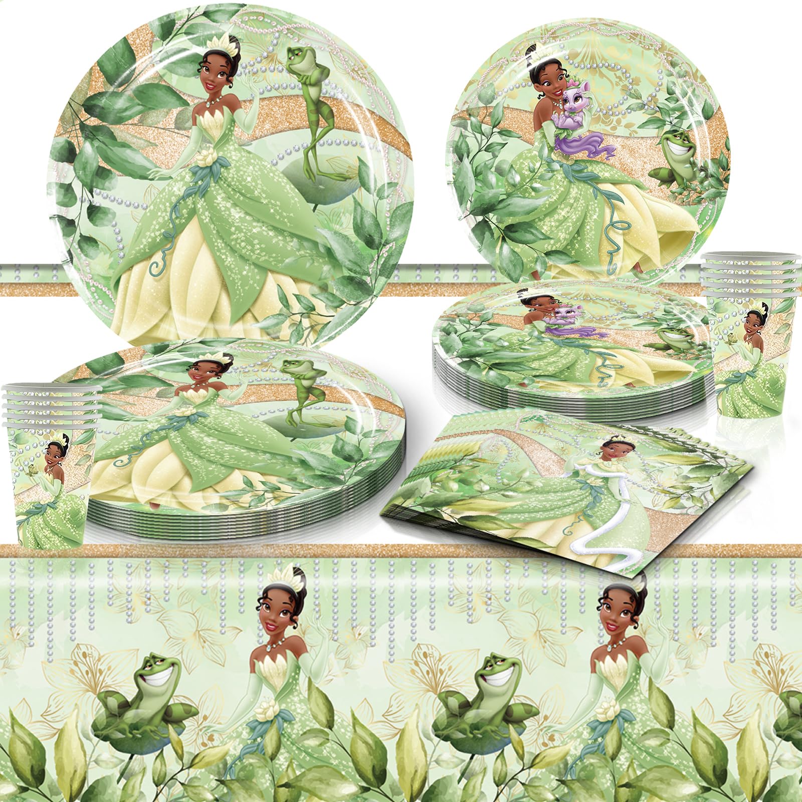 81 PCS Tiana Birthday Party Supplies, Princess Tiana Tableware Set Includes 40 PCS Plates, 20 PCS Napkins, 20 PCS Paper Cups, 1 PCS Tablecover for Boys Girls Birthday Party Baby Shower Decorations