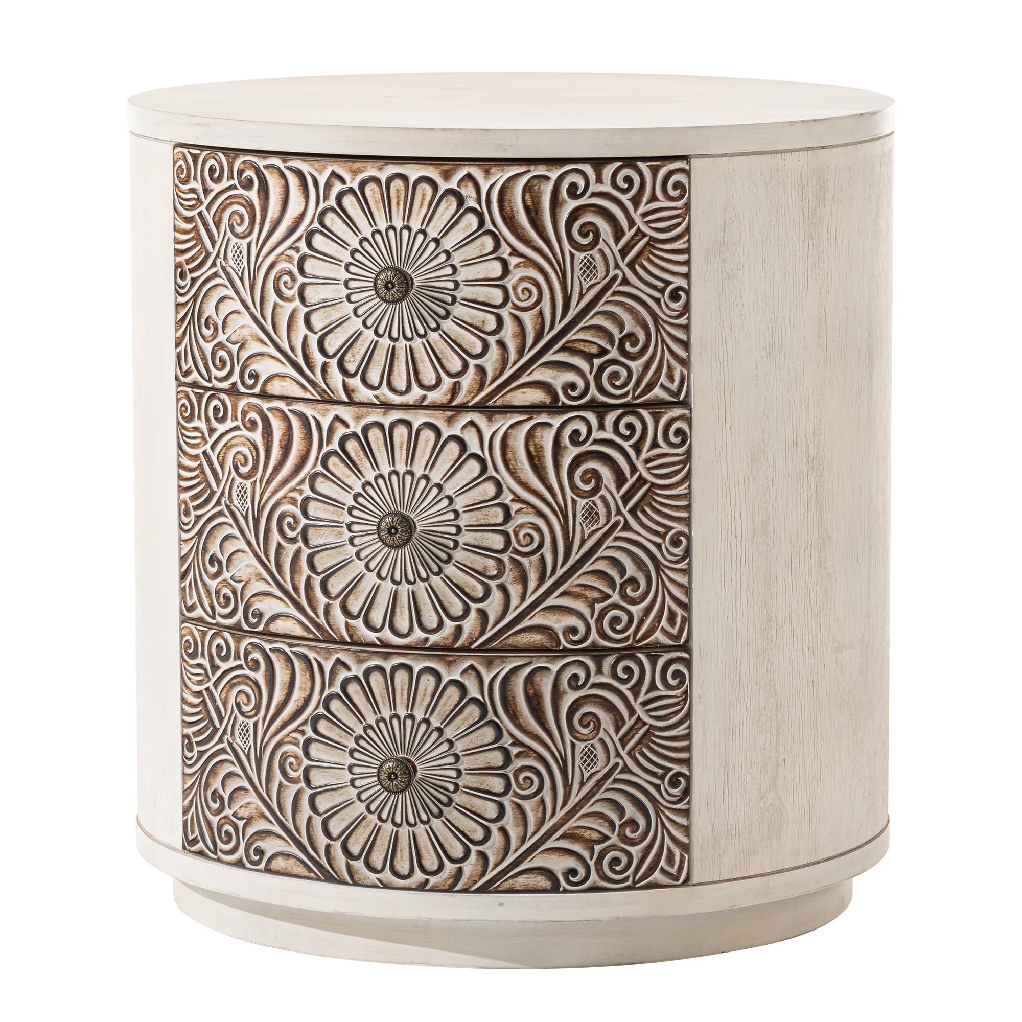 SUNBURY End Table Living Room Small Side Table w 3 Drawers, Vintage Bedside Table, Elegant Nightstand Small Dresser for Bedroom, Lightweight MDF Accent Table (Floral Texture)