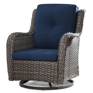 meetleisure outdoor swivel rocker wicker chair, high back swivel patio chairs wicker furniture, 1pc rattan swivel rocking chair with oiefin cushions(mixed grey/dark blue)