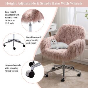 GOOLON Fluffy Desk Chair, Faux Fur Furry Home Office Chair, Fuzzy Swivel Armchair with Wheels, Height Adjustable Silver Base for Girls, Bedroom, Pink