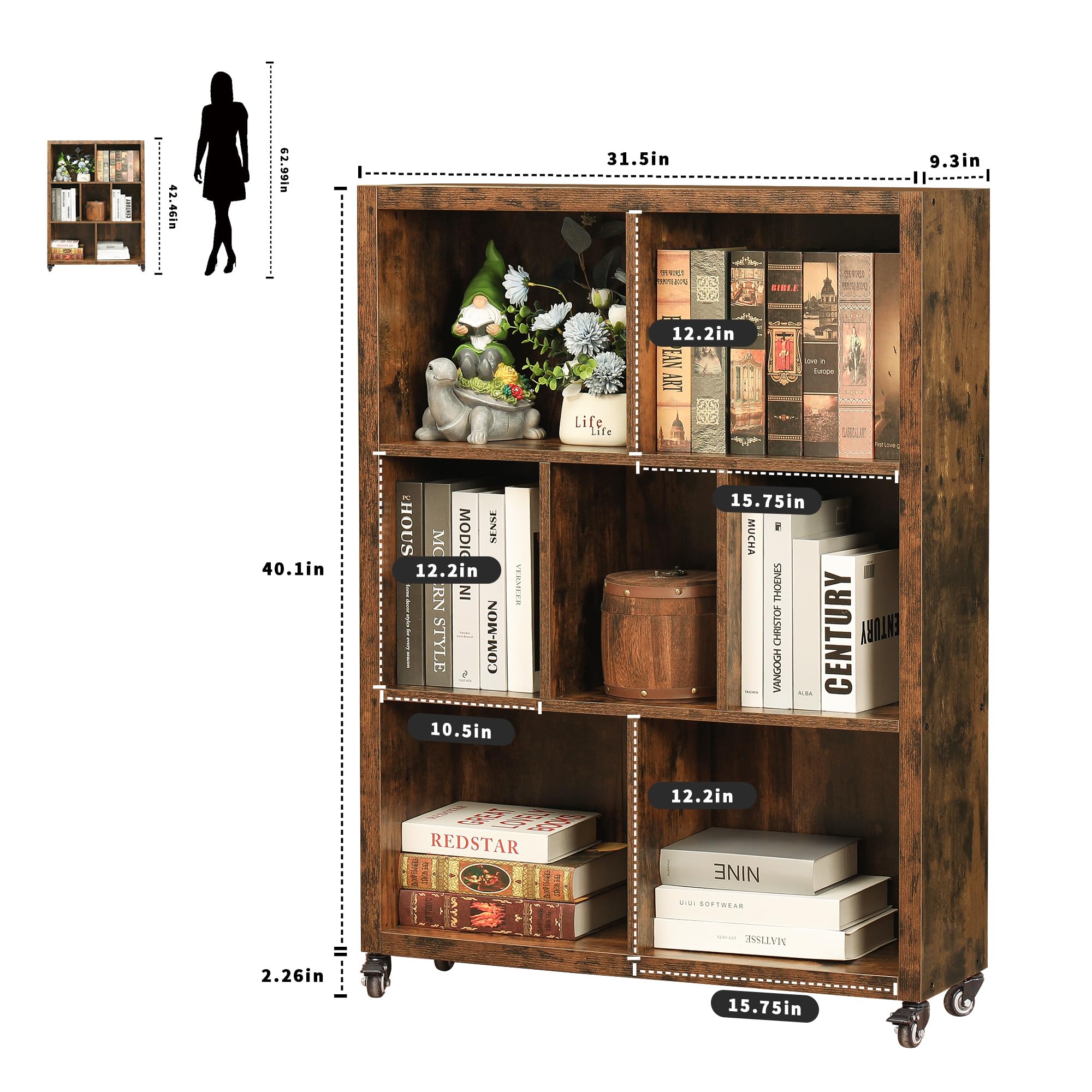 FUSUNBAO 7-Cube Style Bookshelf with Wheels Frame Industrial Style Book Storage Organizer Bookcase Floor Standing Fixed Shelves，Display Shelves Cabinet for Living Room/Bedroom/Office(Antique Brown)