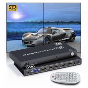 2x2 video wall controller, 4k uhd video wall hdmi splitter tv wall processor for 4 tv splicing display, 180 degree rotate and 8 splicing modes 2x2,1x2,1x3,1x4,2x1,3x1,4x1 with remote control