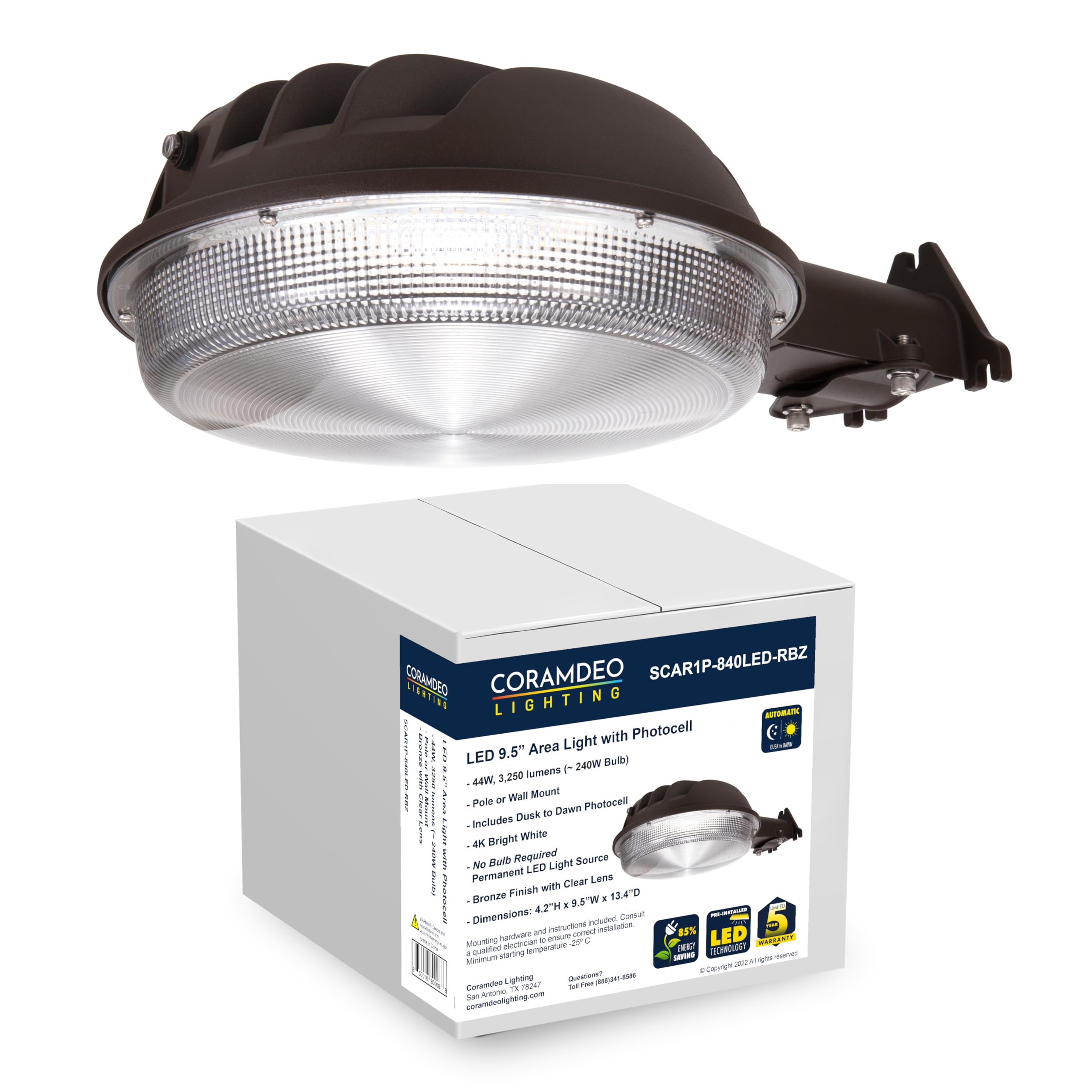 CORAMDEO Outdoor LED Barn Area Light, Dusk to Dawn Photocell, Integrated LED Gives 240W of Light from 44W of Power, Wet Location, Cast Aluminum, Rustic Bronze Finish, Clear Lens, Wall or Post Mount