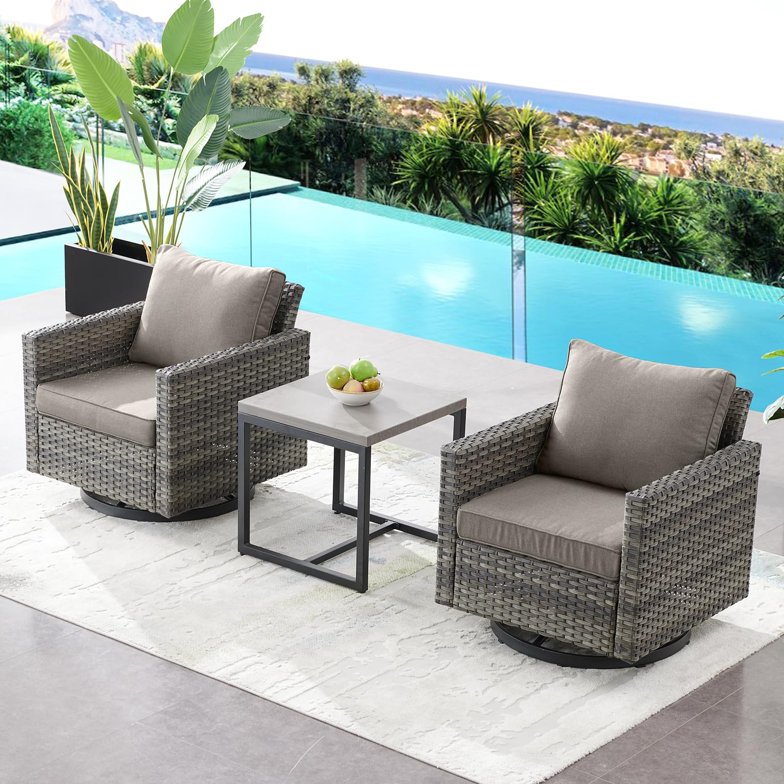 HUMMUH 3-Piece Patio Swivel Chairs,PE Wicker Outdoor Rocking Chairs Bistro Set with Side Table Porch Balcony Furniture with Cushions