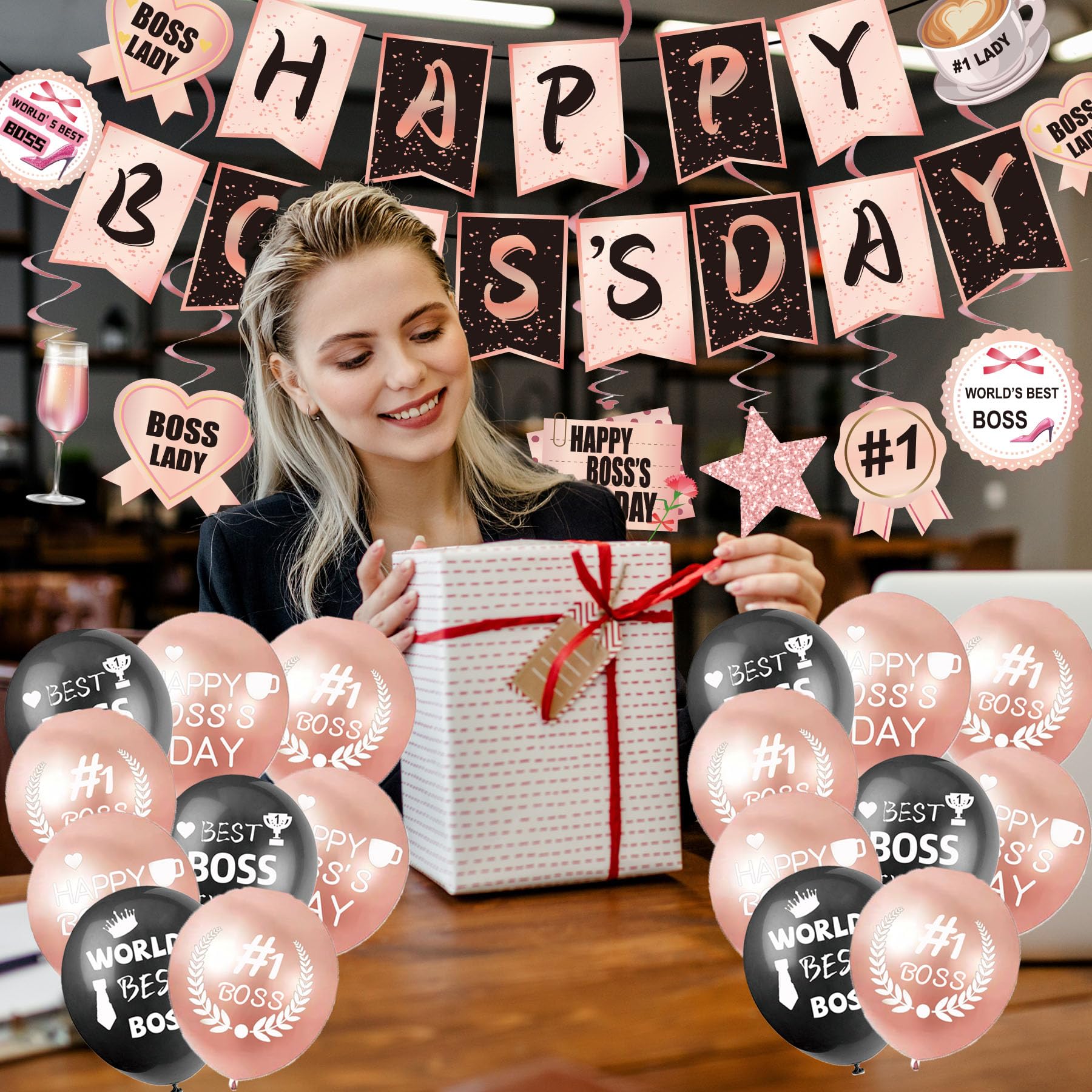 Happy Bos Day Decorations Women 40 PCS Bos Day Decorations For Office With Happy Bos's Day Banner Hanging Swirls Balloons Cake Topper Best Bos Ever Decorations Happy Bos Day Decor Rose Gold