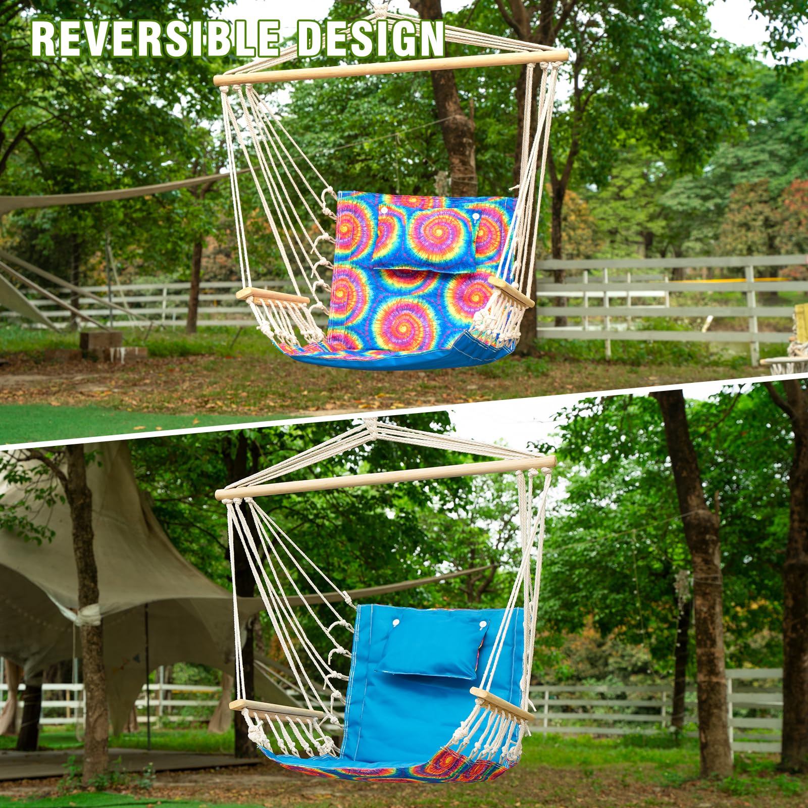 Backyard Expressions Reversible Hanging Rope Swing - Max 275 Lbs - Wooden Spreader Bar - for Any Indoor or Outdoor Spaces