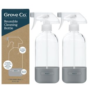 grove co. glass spray bottles for cleaning solutions, 2-pack bundle, unique silicon sleeve slide & snap custom label, refillable spray bottle, made from recycled glass, 2 x 16oz