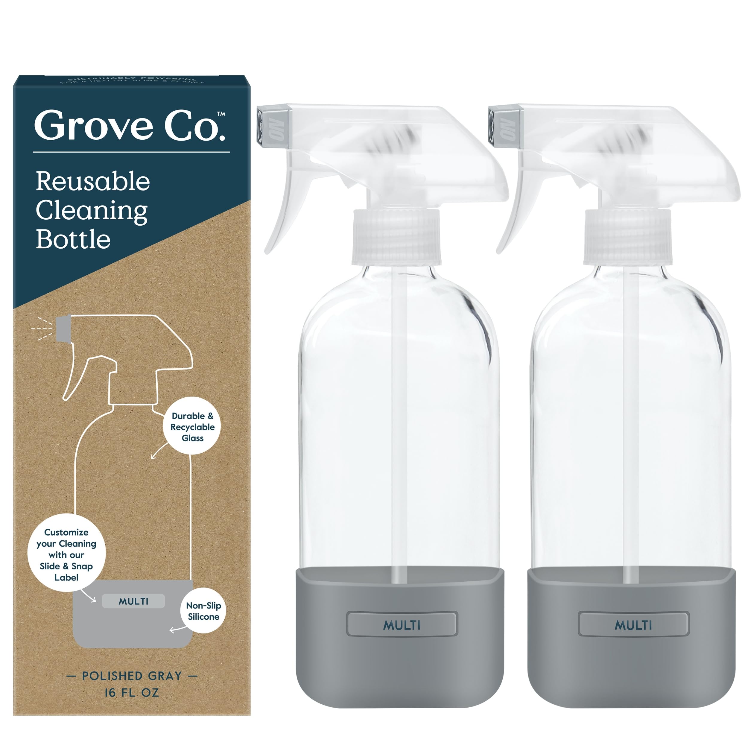 Grove Co. Glass Spray Bottles for Cleaning Solutions, 2-Pack Bundle, Unique Silicon Sleeve Slide & Snap Custom Label, Refillable Spray Bottle, Made from Recycled Glass, 2 x 16oz