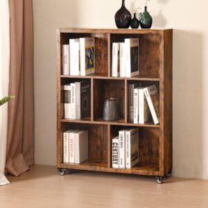 fusunbao 7-cube style bookshelf with wheels frame industrial style book storage organizer bookcase floor standing fixed shelves，display shelves cabinet for living room/bedroom/office(antique brown)