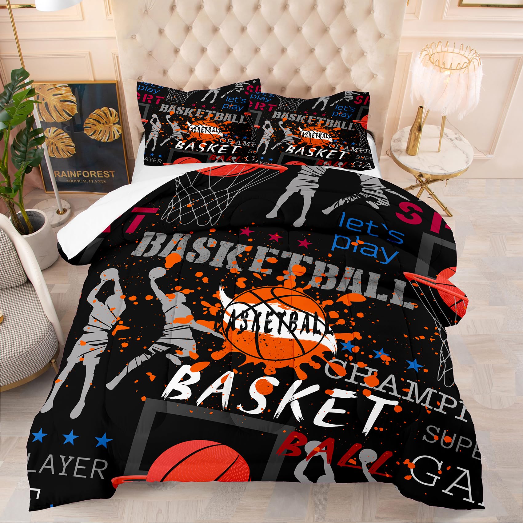 NINENINE Basketball Comforter Set Queen Size Sports Bedding for Boys Teens Basketball Fire Player Comforter Tie Dye Bed Set with 1 Comforter 2 Pillowcases