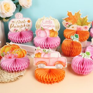 12PCS Little Pumpkin Party Decorations Pumpkin Honeycomb Centerpieces Pink Floral Table Toppers First Birthday Table Centerpieces A Little Pumpkin is On The Way Table Decor for Girls Baby Shower Party