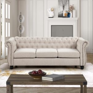 morden fort deep seat couch sofa, [no sagging] 3 seater sectional couch durable pet-friendly chesterfield sofas tufted sofa chenille couches for living room furniture bedroom lounge beige couch