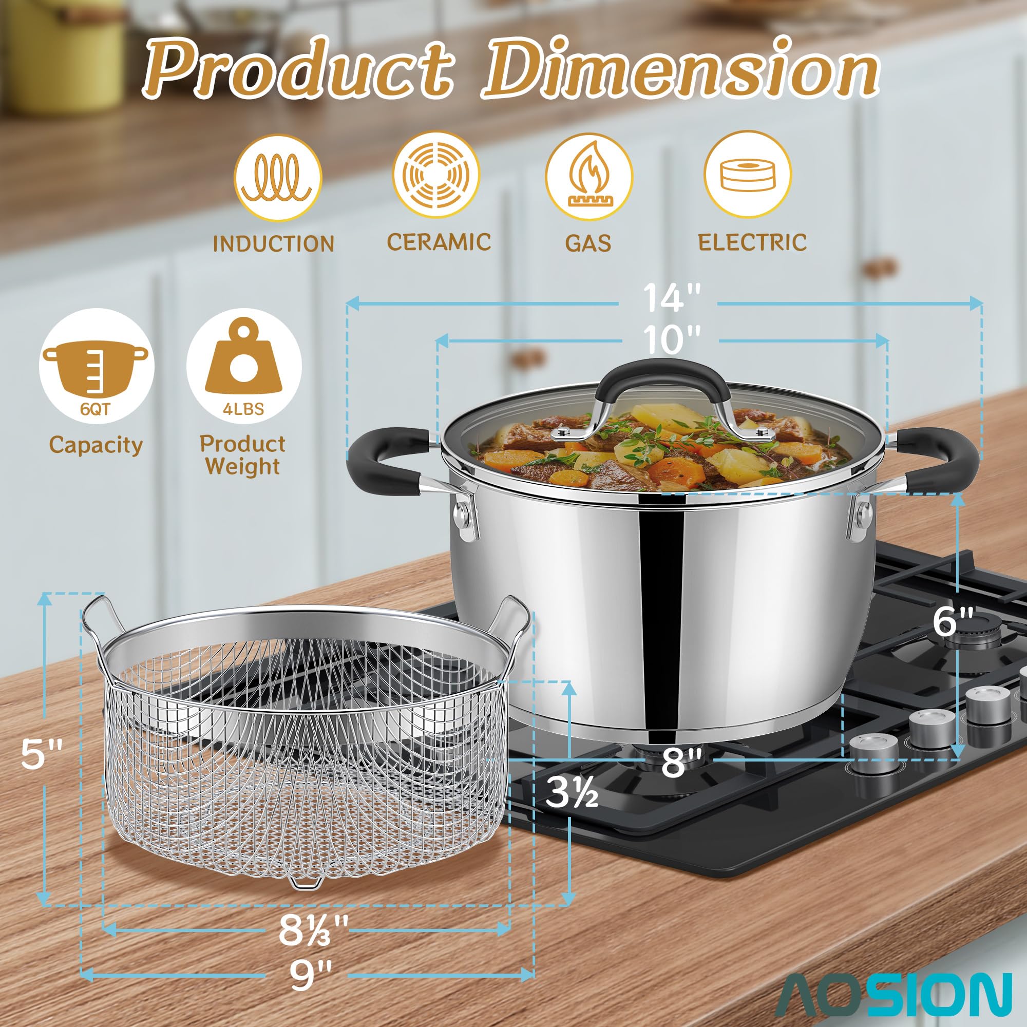 AOSION 6 Quart Stainless Steel Stockpot with Deep Fryer Basket, Stainless Steel Pot with Lid, 6QT Large Stock Pot, Induction Ready, Compatible with All Stoves, Dishwasher Safe