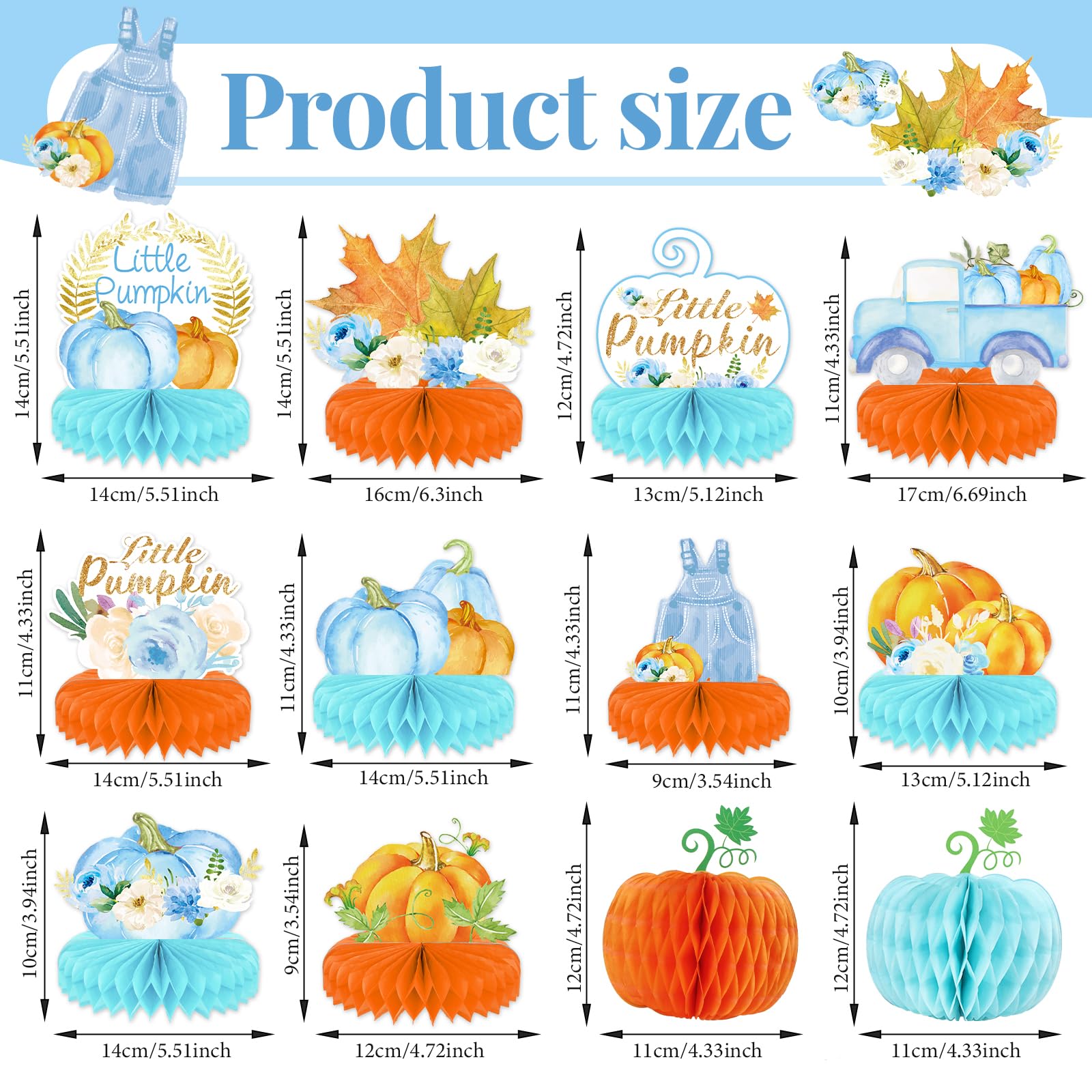 12PCS Little Pumpkin Baby Shower Decorations Fall Pumpkin Honeycomb Centerpieces A Little Pumpkin is On The Way Boy Blue Table Toppers for Gender Reveal Autumn Harvest Thanksgiving Decor Supplies