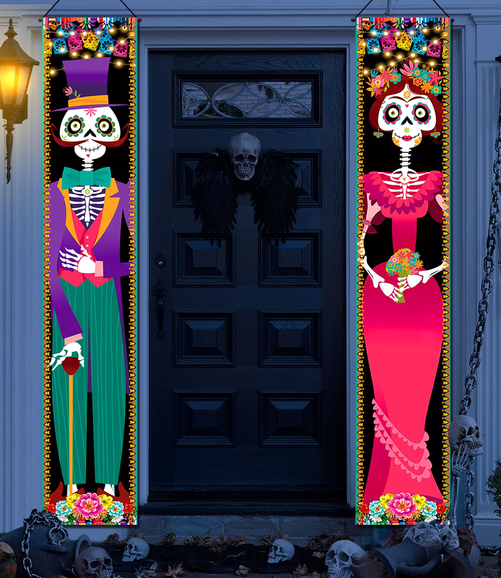 iPartycool Day of The Dead Decorations, Day of The Dead Porch Sign Door Banner, Halloween Costume Mexico Dia De Los Muertos Party Supplies Decorations Flag Welcome Hanging Home Wall Decor Background