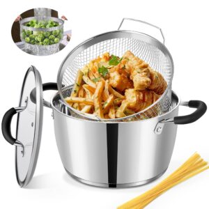 aosion 6 quart stainless steel stockpot with deep fryer basket, stainless steel pot with lid, 6qt large stock pot, induction ready, compatible with all stoves, dishwasher safe