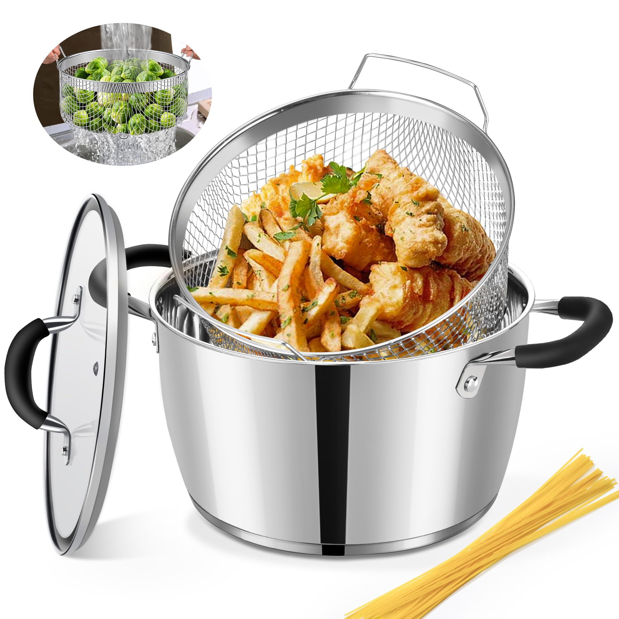 AOSION 6 Quart Stainless Steel Stockpot with Deep Fryer Basket, Stainless Steel Pot with Lid, 6QT Large Stock Pot, Induction Ready, Compatible with All Stoves, Dishwasher Safe