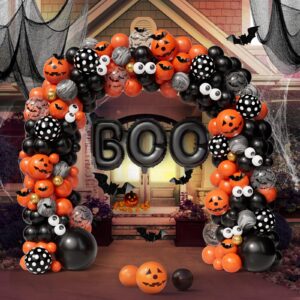 aobkdeco 141 pcs halloween balloons arch kit black orange gold eyes balloons halloween balloon with boo balloons,3d pvc bats and marble agate for halloween theme party supplies haunted house parties