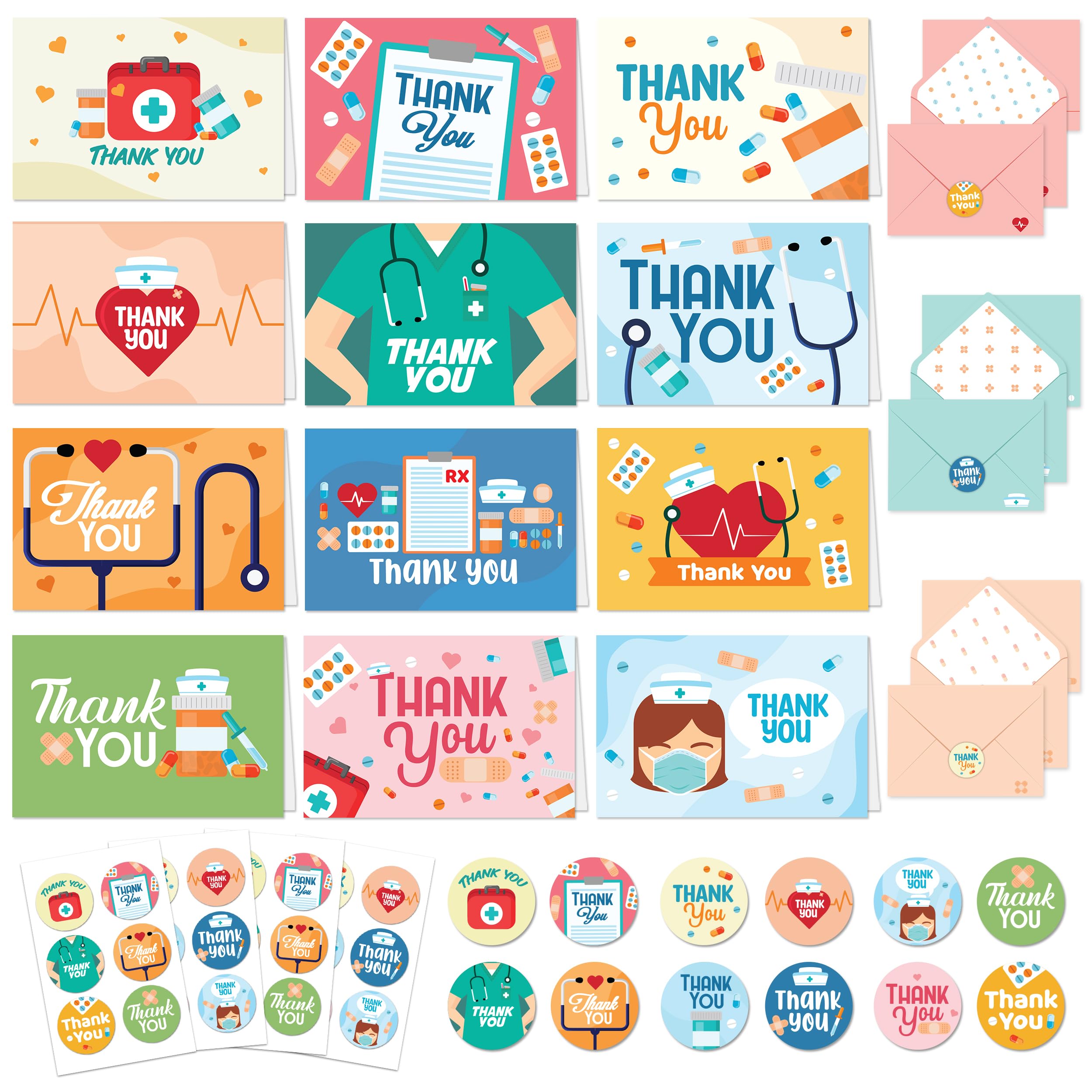 Decorably Thank You Cards with Envelopes & Stickers - 24 Pack Nurse Thank You Card, Blank Inside Medical Thank You Cards for Nurses Week Cards, 6x4in Nurse Thank You Cards for Medical Staff