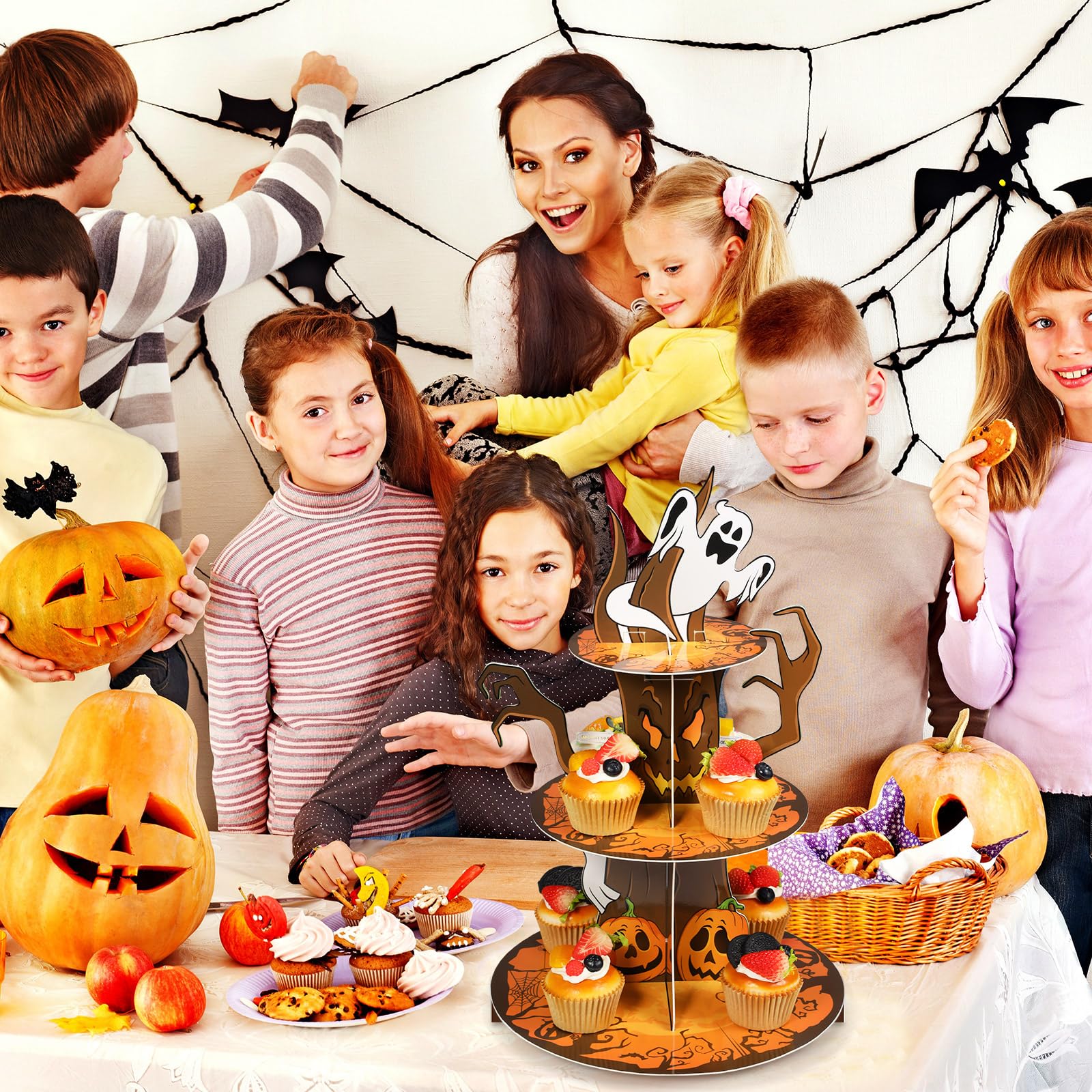 Cholemy Halloween Cupcake Stand Party Decorations Halloween Ghost Cupcake Holder Halloween Theme Cake Holder Trick or Treat Pumpkin Dessert Stand for Halloween Baby Shower Birthday Party Supplies