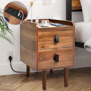 narrow nightstand with drawers and charging station - 12" w×15" d×20" h narrow wood nightstand with drawers, mid century modern slim side table, narrow nightstand for small spaces, dark walnut