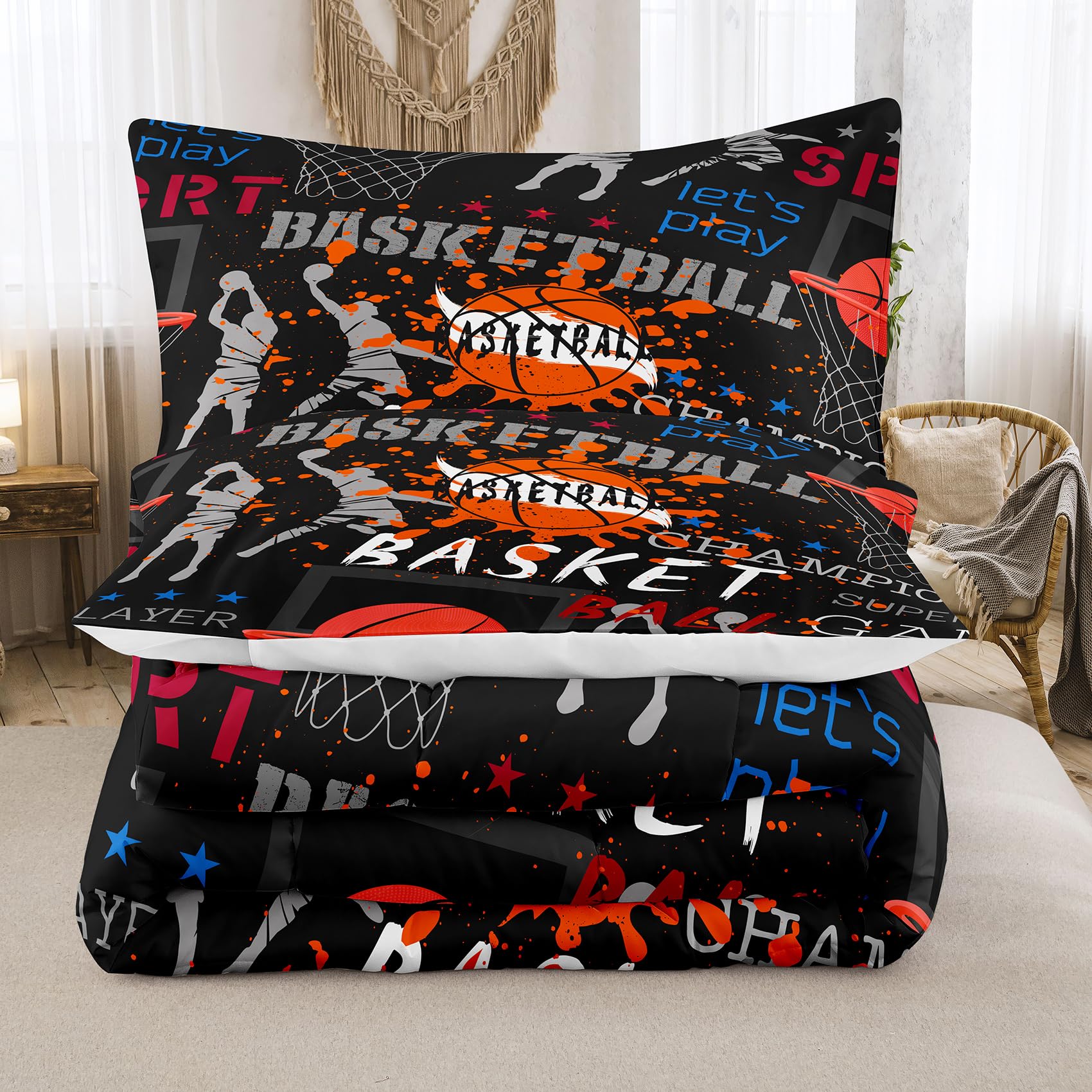 NINENINE Basketball Comforter Set Queen Size Sports Bedding for Boys Teens Basketball Fire Player Comforter Tie Dye Bed Set with 1 Comforter 2 Pillowcases