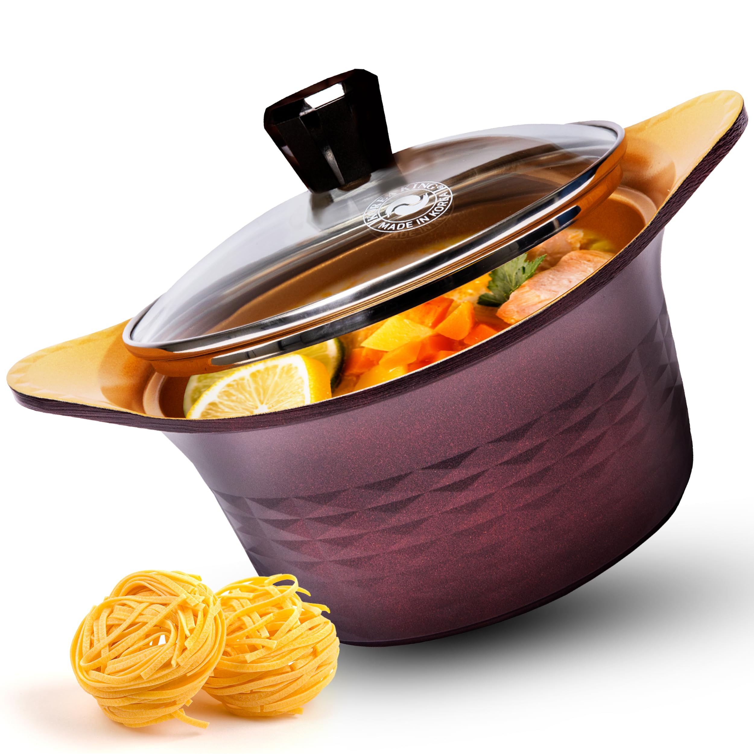 Korea King Premium Nonstick Cooking Pot with Glass Lid - Made in Korea - 1.5 Quarts Ceramic-Coated Simmer Pasta Pot, Multi Cookware Compatible for Ramen Noodle Soup, Stew, Rice, Dishwasher Safe