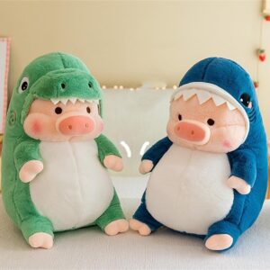 LANFIRE Pig Plush Stuffed Toy Pig Dressed as Shark Dinosaur Cute Plush Pillow for Boys Girls (Green, 15.6 in)