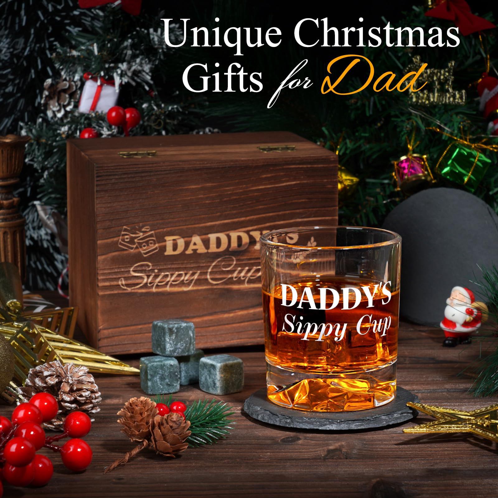 PONPUR DADDY SIPPY CUP Gifts for Men Dad, Daddy, Engraved Whiskey Glass, Christmas Stocking Stuffers, Funny Dad Birthday Gifts for Dad Husband from Wife Daughter Son Kids, Unique Gag Men Gift