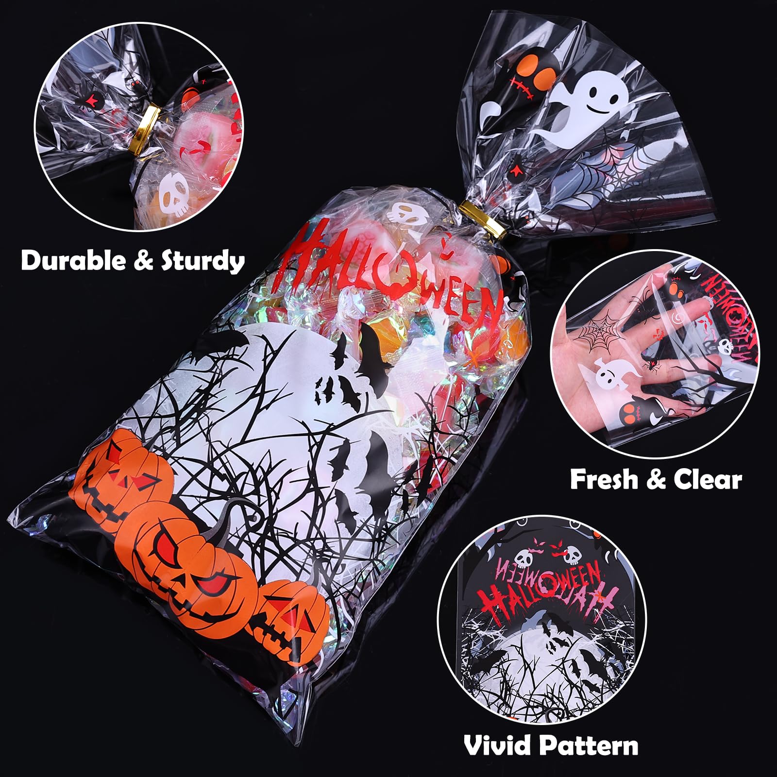 JMANNI Halloween Cellophane Treat Bags, 120pcs Halloween Plastic Clear Candy Bags, Candy Bags Bats Pumpkin and Spider Halloween Goody Bags with Twist Ties for Kids Trick or Treat, Halloween Party