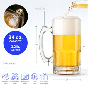 PROLISOK Glass Beer Mugs with Handle – 34 fl. oz. / 1L – Large & Heavy Beer Stein for Root Beer – Best Gift for Men Father Boyfriend Brother Dad – Set of 2