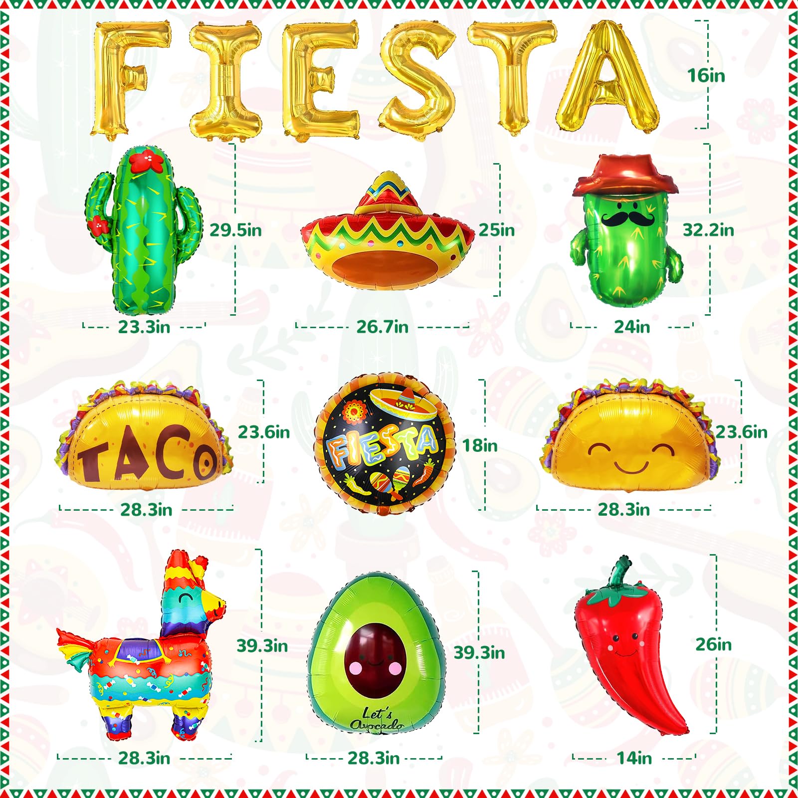 Fiesta Party Decorations Set, Big Taco Party Decorations Set - Pack of 15, Fiesta Taco Llama Cactus Avocado Chili Sombrero Balloons for Mexican Party Decorations, Mexican Theme Baby Shower Decorations