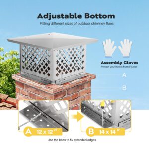 VIVOHOME Chimney Cap, 13" x 13" Square Chimney Cover, Stainless Steel Fireplace Flue Lid with Adjustable Bottom, Mesh Chimney Cover for Outside Existing Clay Flue