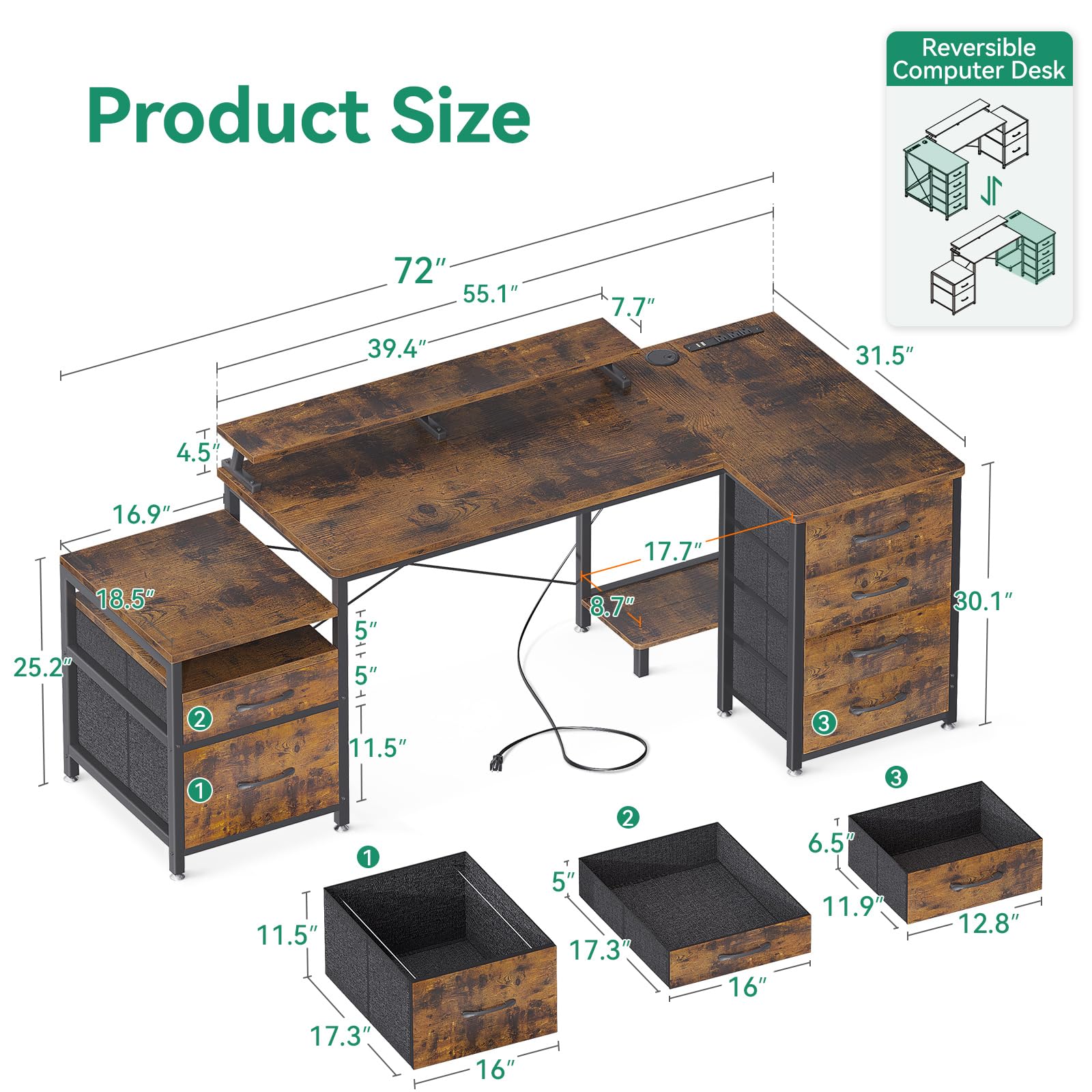 AODK L Shaped Desk with 6 Drawers & Power Outlet, 72 Inch Computer Desk with File Drawer & Printer Storage Shelves, Reversible Desk with Monitor Shelf for Home Office, Rustic Brown