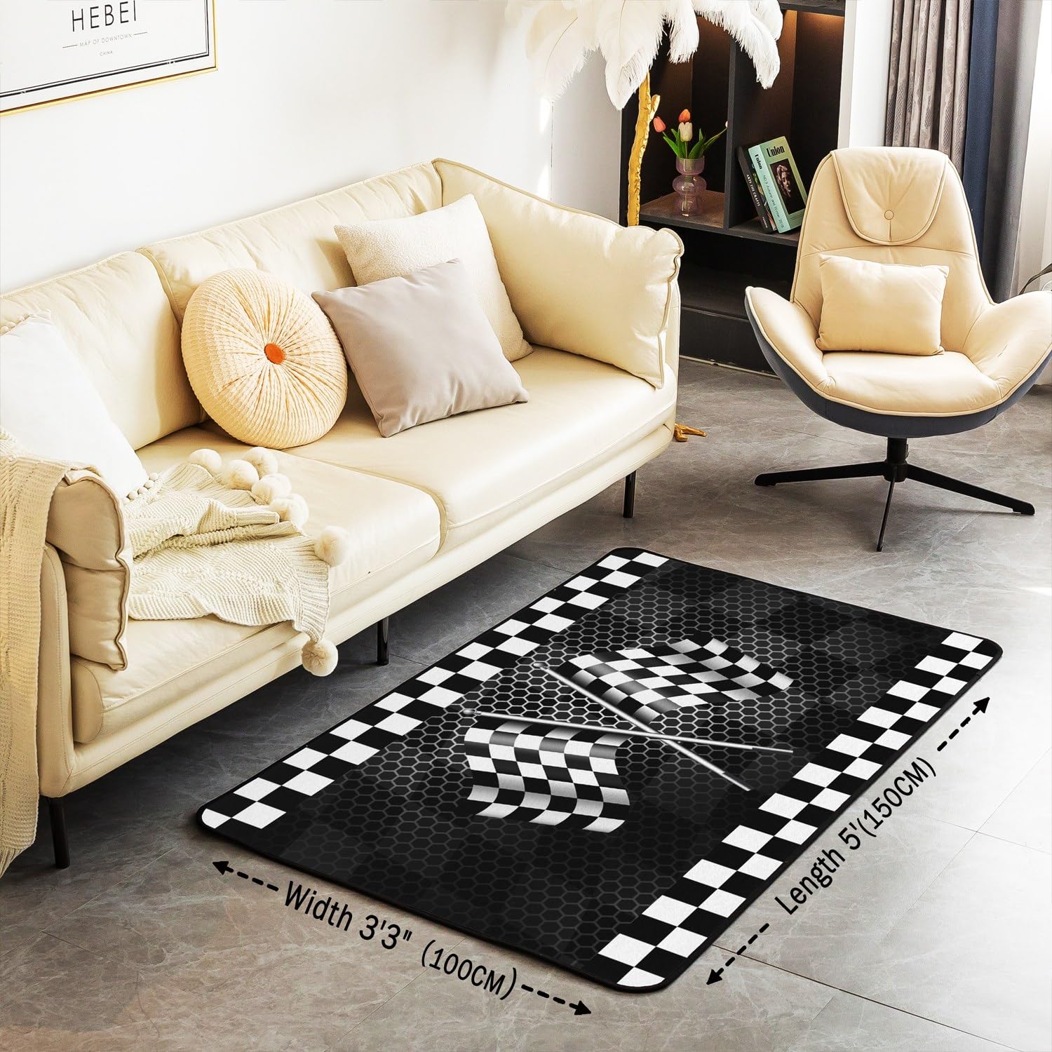 Black White Check Flag Print Area Rug 3'x5',Racing Car Extreme Sports Decor Non Shedding Rug for Kids Teen Adults,Geometry Square Honeycomb Decorative Carpet for Playroom Bedroom Dining Room