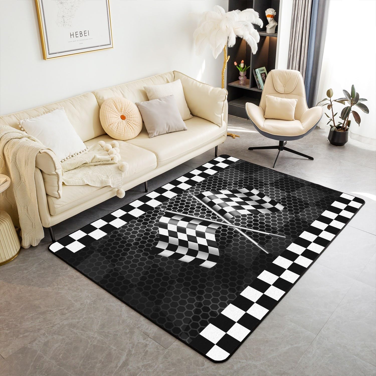 Black White Check Flag Print Area Rug 3'x5',Racing Car Extreme Sports Decor Non Shedding Rug for Kids Teen Adults,Geometry Square Honeycomb Decorative Carpet for Playroom Bedroom Dining Room