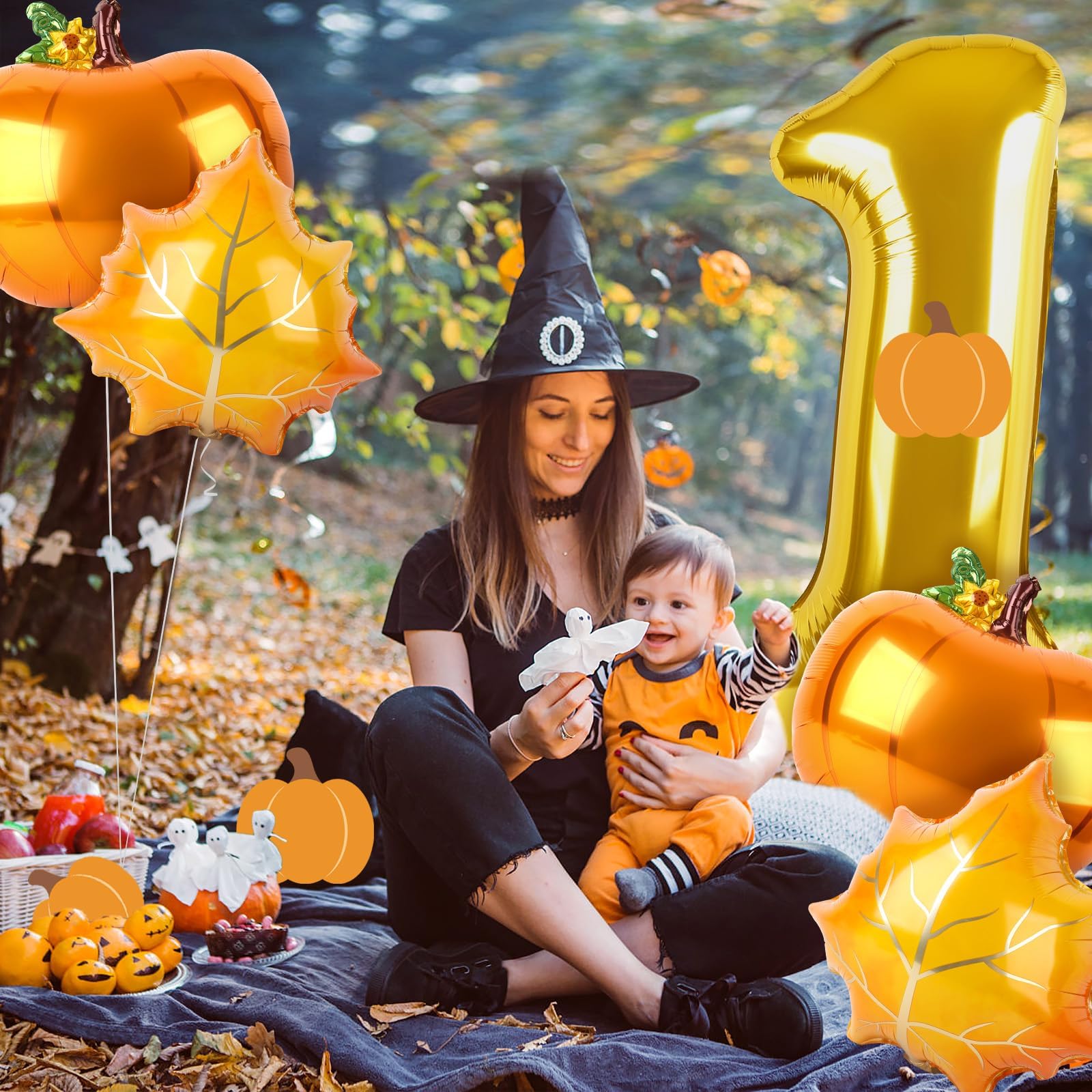 Dripykiaa 5Pcs Pumpkin First Balloon 40" Gold One Year Old Balloon Set for First Birthday Fall Birthday Decorations Maple Leaves Pumpkin Foil Helium Balloons Party Supplies Backdrops for Girls Boys