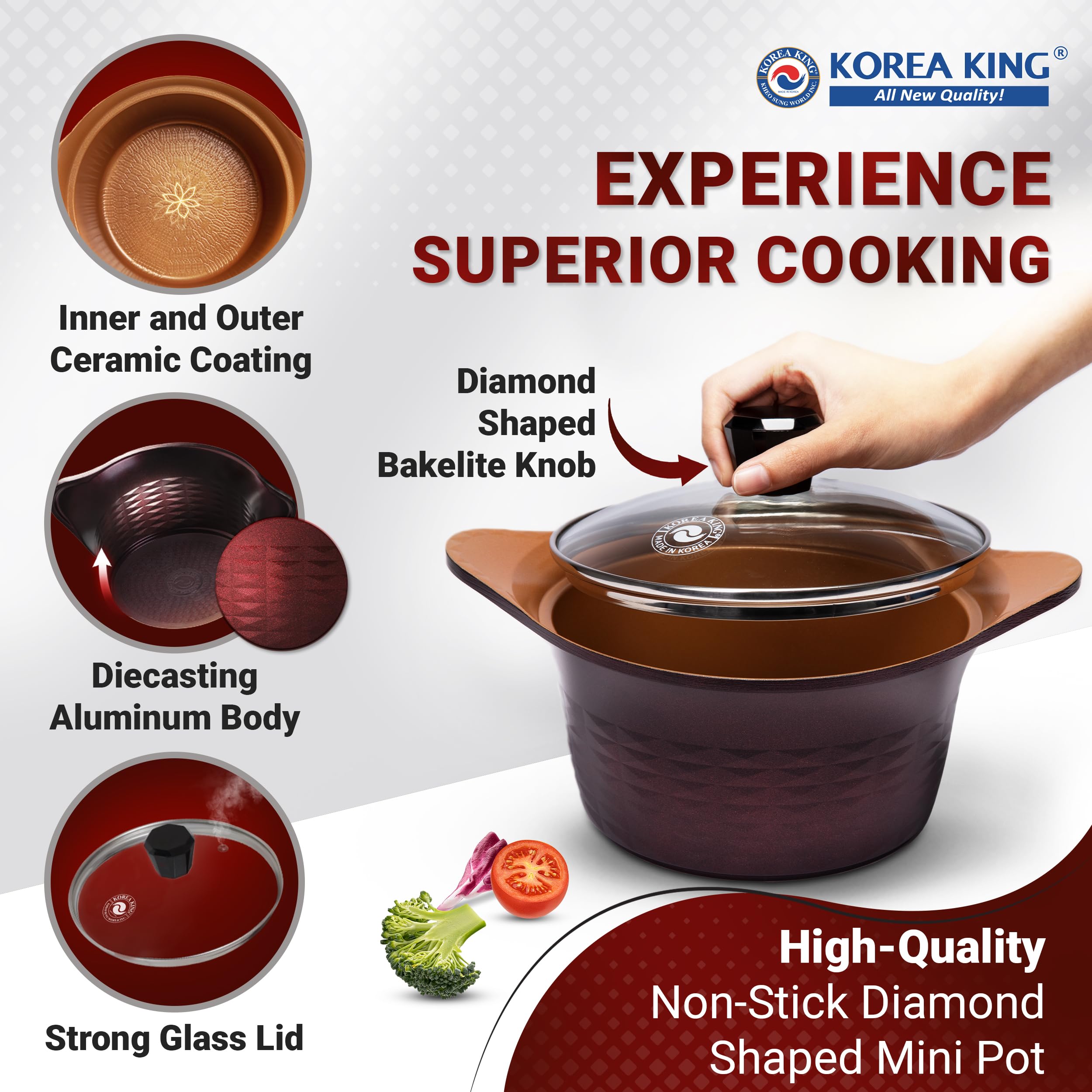 Korea King Premium Nonstick Cooking Pot with Glass Lid - Made in Korea - 1.5 Quarts Ceramic-Coated Simmer Pasta Pot, Multi Cookware Compatible for Ramen Noodle Soup, Stew, Rice, Dishwasher Safe