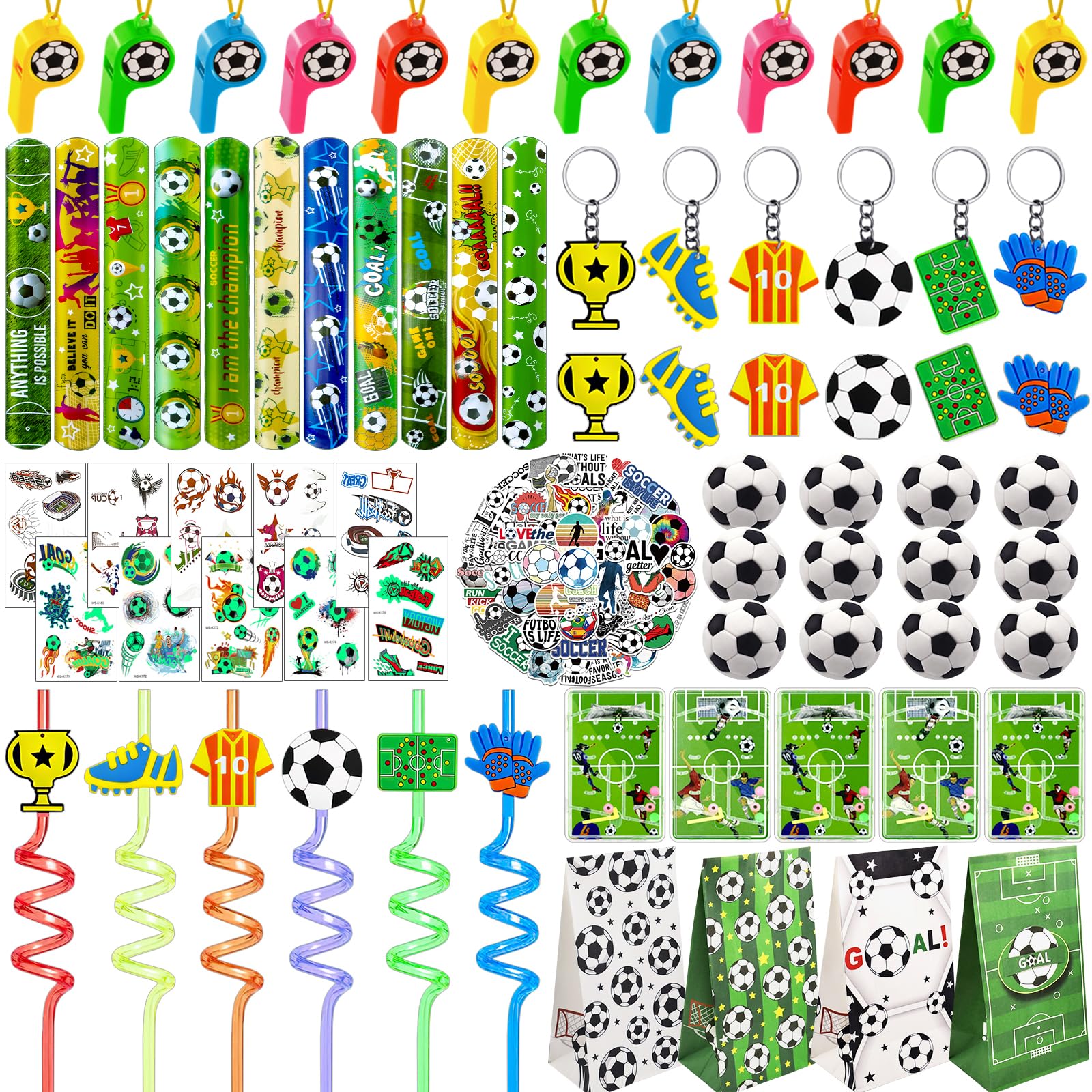 Joyvorite 158 PCS Soccer Party Favors Set with Soccer Goodie Bags Soccer Slap Bracelets Soccer Straws Puzzle Tattoo Stickers Erasers Keychains Whistle Soccer Party Supplies Soccer Party Decorations