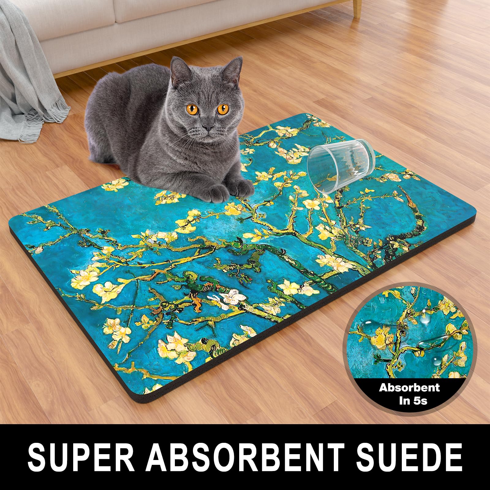 TMOODEL Dog Food Mat, 16"x24" Flower Dog Mat for Food and Water, Absorbent Dog Cat Bowl Mat Protect Floors, Cute Cat Food Mat for Feeding & Watering Supplies, Pet Feeding Mat for Pet Supplies, Green