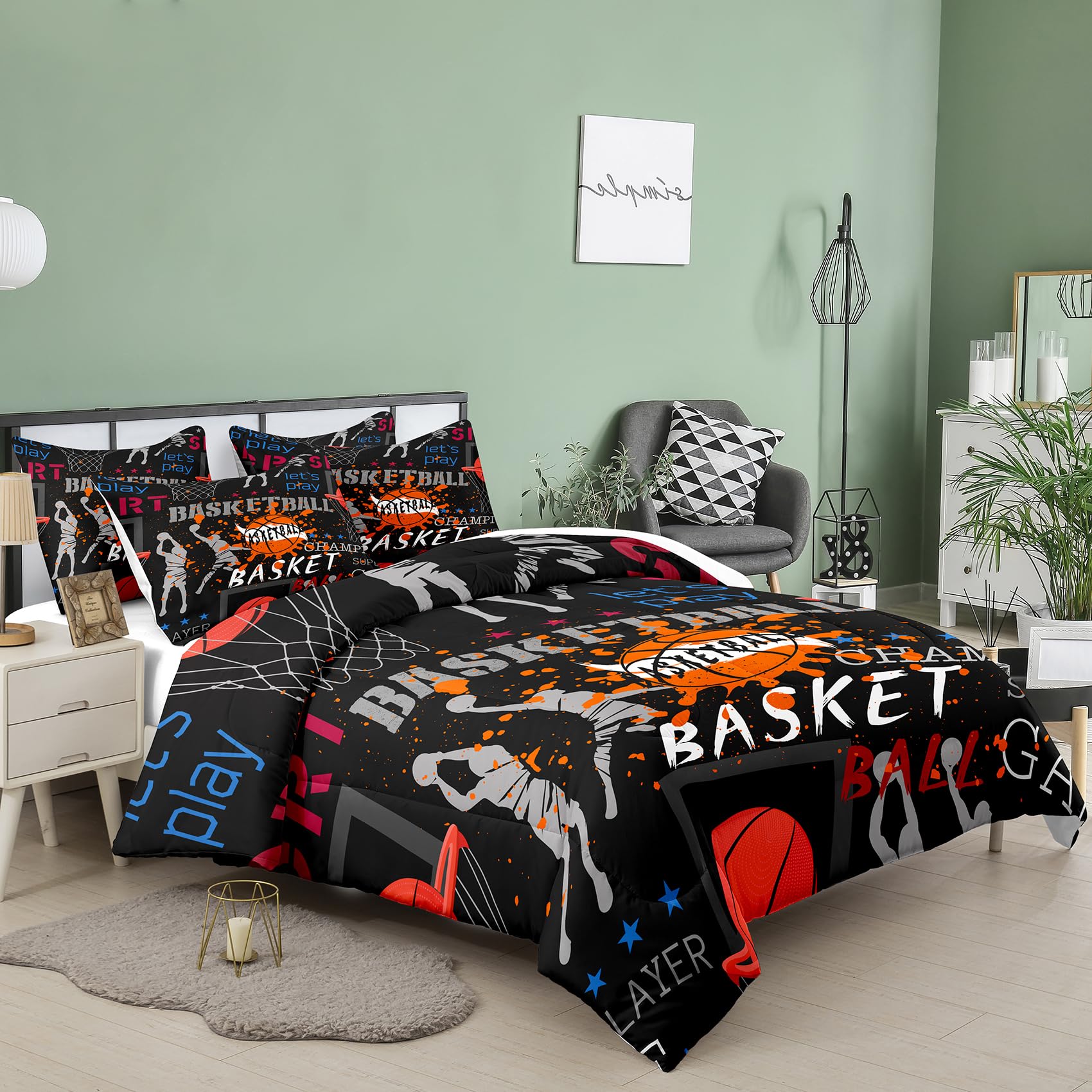 NINENINE Basketball Comforter Set Queen Size Sports Bedding for Boys Teens Basketball Fire Player Comforter Tie Dye Bed Set with 1 Comforter 2 Pillowcases